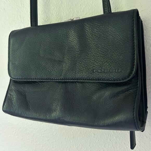 Vintage fossil leather crossbody pockets multi compartment Y2K minimalist black - Picture 3 of 16